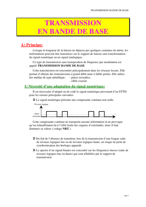 Transmission en bande de base - Principes et applications